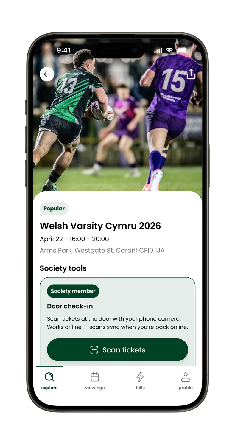 Housr app showing a society event with tickets on sale
