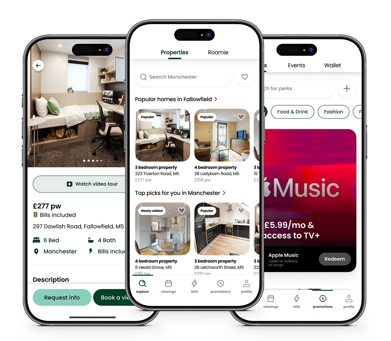 Housr app preview showing the home, rental, and perks screens